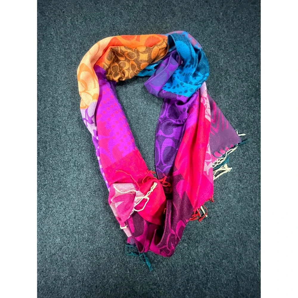 Y2K Coach Scarf Womens Multicolor Patchwork Signature Logo Fringe Trim Thermal